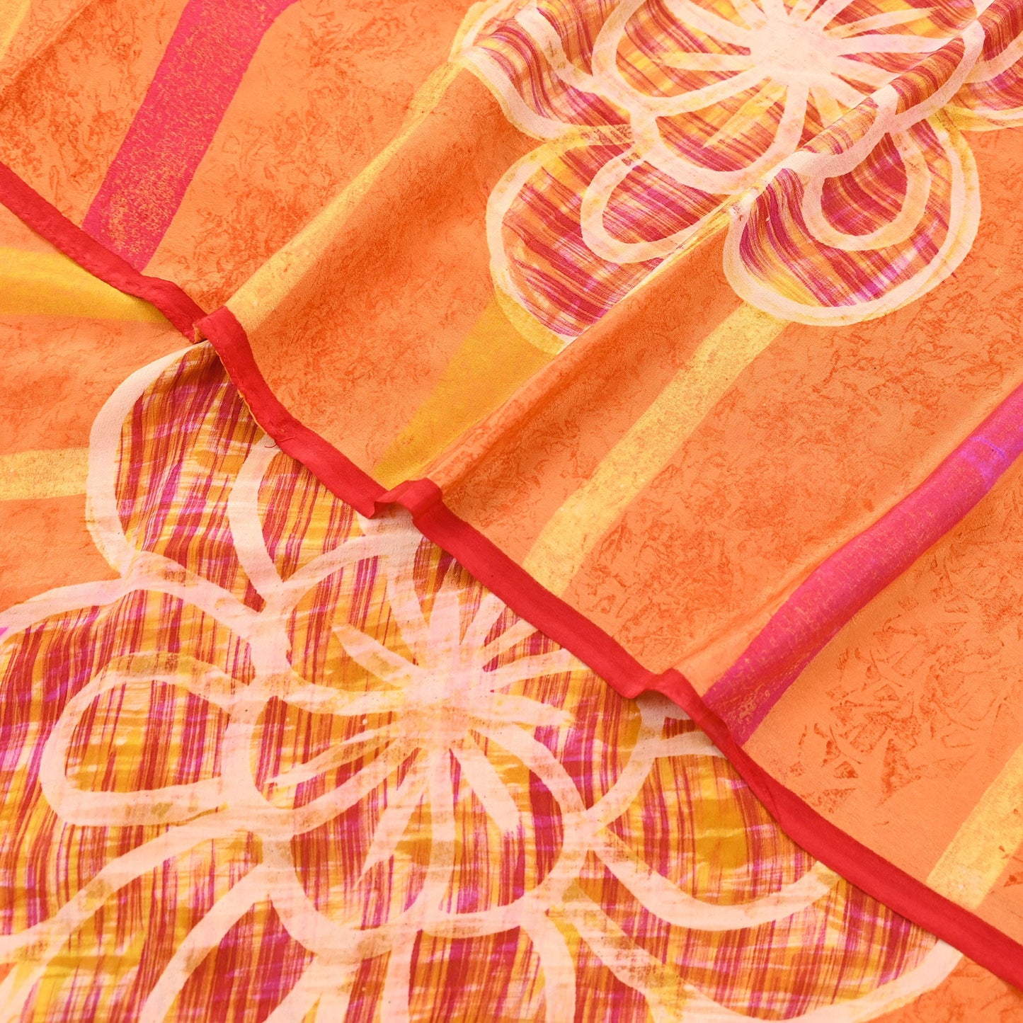 Vintage Yellow Orange Crepe Silk Saree Indian Pure Silk Printed Fabric 5 Yard Soft Sewing Material for Dressmaking, Quilting & Crafts