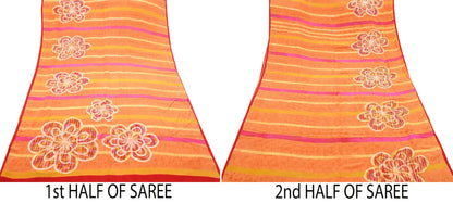 Vintage Yellow Orange Crepe Silk Saree Indian Pure Silk Printed Fabric 5 Yard Soft Sewing Material for Dressmaking, Quilting & Crafts