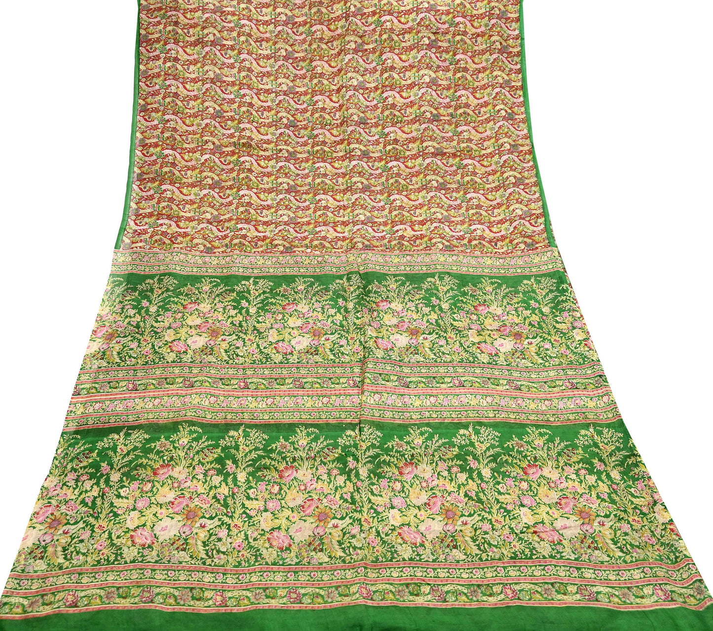Indian Vintage Red & Green Pure Silk Printed Saree 5 Yards Soft Floral Fabric for Dressmaking, Quilting, Crafting, Sewing, Dress Making