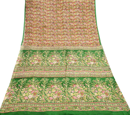 Indian Vintage Red & Green Pure Silk Printed Saree 5 Yards Soft Floral Fabric for Dressmaking, Quilting, Crafting, Sewing, Dress Making