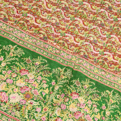 Indian Vintage Red & Green Pure Silk Printed Saree 5 Yards Soft Floral Fabric for Dressmaking, Quilting, Crafting, Sewing, Dress Making