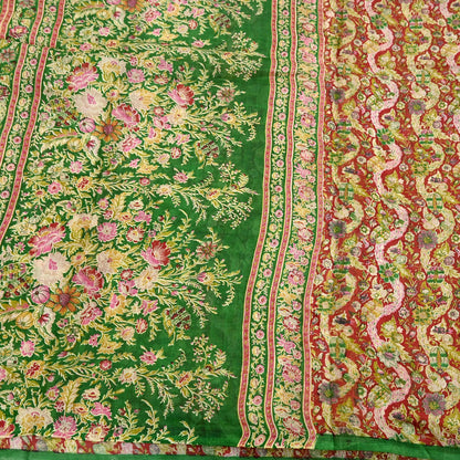Indian Vintage Red & Green Pure Silk Printed Saree 5 Yards Soft Floral Fabric for Dressmaking, Quilting, Crafting, Sewing, Dress Making