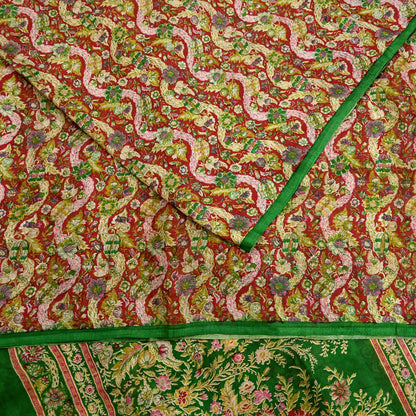 Indian Vintage Red & Green Pure Silk Printed Saree 5 Yards Soft Floral Fabric for Dressmaking, Quilting, Crafting, Sewing, Dress Making