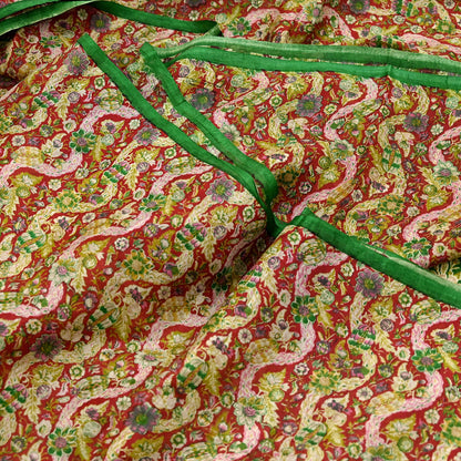 Indian Vintage Red & Green Pure Silk Printed Saree 5 Yards Soft Floral Fabric for Dressmaking, Quilting, Crafting, Sewing, Dress Making