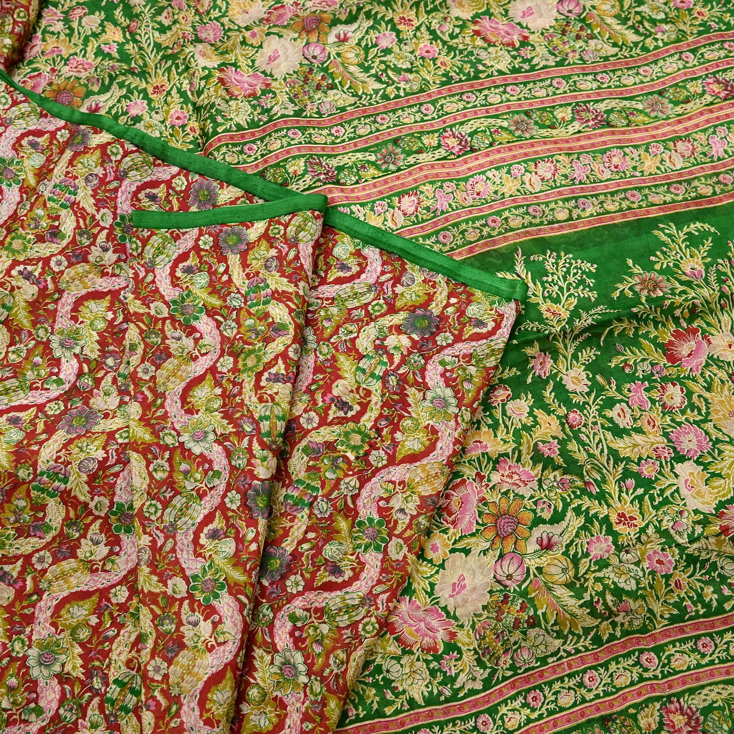 Indian Vintage Red & Green Pure Silk Printed Saree 5 Yards Soft Floral Fabric for Dressmaking, Quilting, Crafting, Sewing, Dress Making