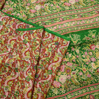 Indian Vintage Red & Green Pure Silk Printed Saree 5 Yards Soft Floral Fabric for Dressmaking, Quilting, Crafting, Sewing, Dress Making