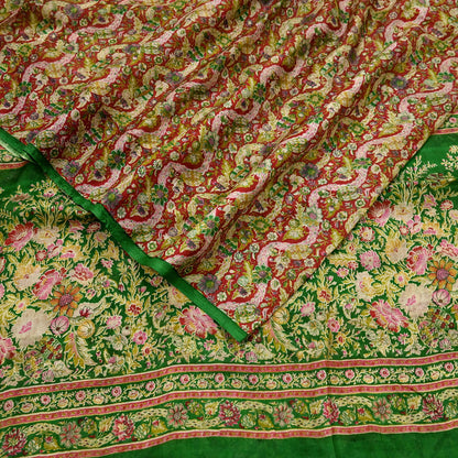 Indian Vintage Red & Green Pure Silk Printed Saree 5 Yards Soft Floral Fabric for Dressmaking, Quilting, Crafting, Sewing, Dress Making