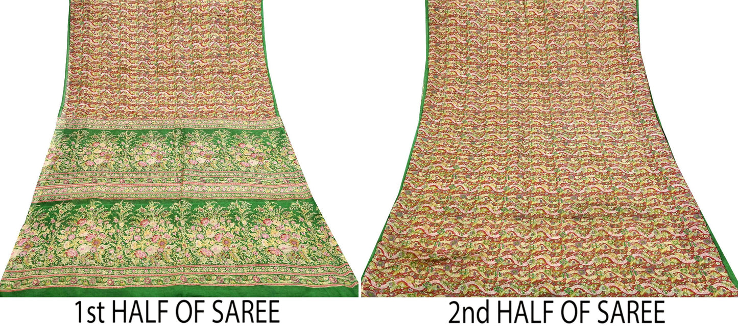 Indian Vintage Red & Green Pure Silk Printed Saree 5 Yards Soft Floral Fabric for Dressmaking, Quilting, Crafting, Sewing, Dress Making