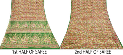 Indian Vintage Red & Green Pure Silk Printed Saree 5 Yards Soft Floral Fabric for Dressmaking, Quilting, Crafting, Sewing, Dress Making