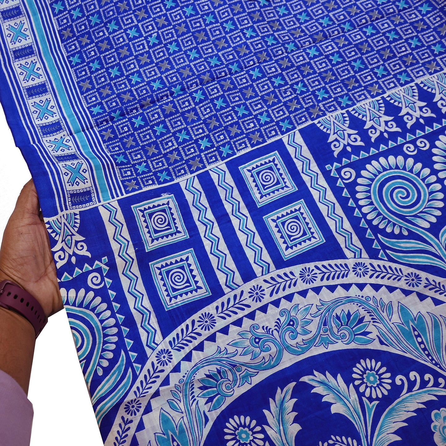 Vintage Blue Pure Silk Saree Indian Printed Floral Silk Fabric 5 Yard Soft Sewing Material for Dressmaking, Quilting & Crafts