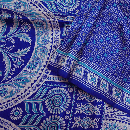 Vintage Blue Pure Silk Saree Indian Printed Floral Silk Fabric 5 Yard Soft Sewing Material for Dressmaking, Quilting & Crafts