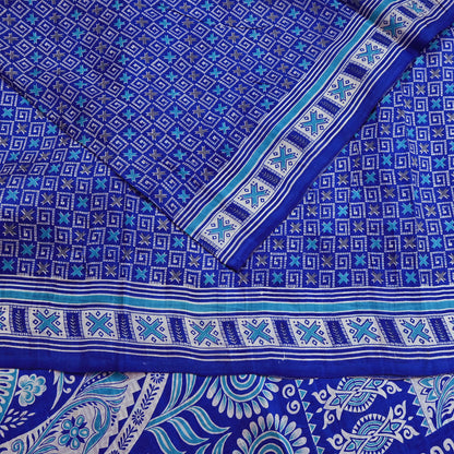 Vintage Blue Pure Silk Saree Indian Printed Floral Silk Fabric 5 Yard Soft Sewing Material for Dressmaking, Quilting & Crafts