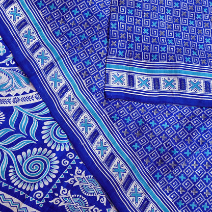 Vintage Blue Pure Silk Saree Indian Printed Floral Silk Fabric 5 Yard Soft Sewing Material for Dressmaking, Quilting & Crafts