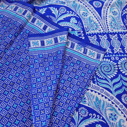 Vintage Blue Pure Silk Saree Indian Printed Floral Silk Fabric 5 Yard Soft Sewing Material for Dressmaking, Quilting & Crafts