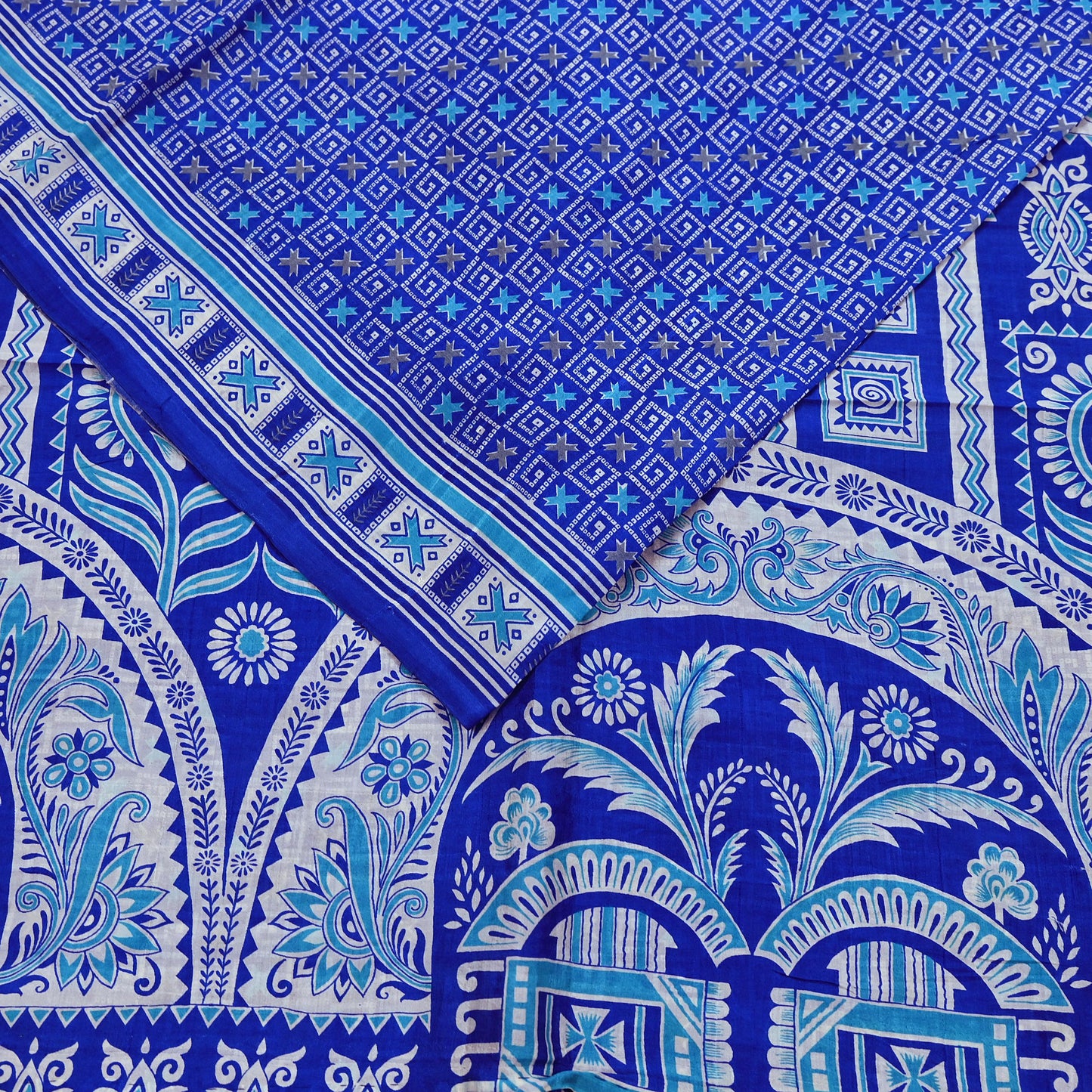 Vintage Blue Pure Silk Saree Indian Printed Floral Silk Fabric 5 Yard Soft Sewing Material for Dressmaking, Quilting & Crafts