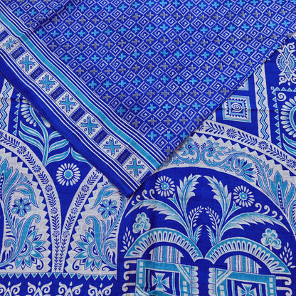 Vintage Blue Pure Silk Saree Indian Printed Floral Silk Fabric 5 Yard Soft Sewing Material for Dressmaking, Quilting & Crafts