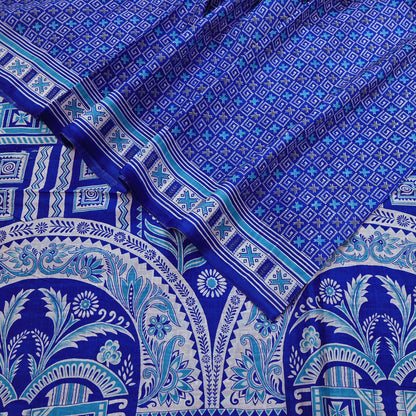 Vintage Blue Pure Silk Saree Indian Printed Floral Silk Fabric 5 Yard Soft Sewing Material for Dressmaking, Quilting & Crafts