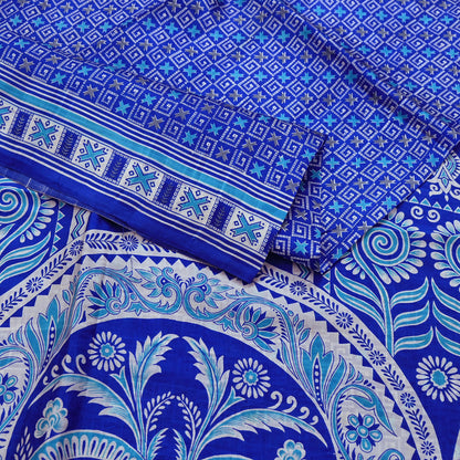 Vintage Blue Pure Silk Saree Indian Printed Floral Silk Fabric 5 Yard Soft Sewing Material for Dressmaking, Quilting & Crafts