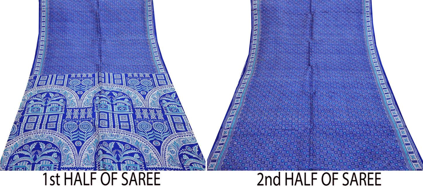 Vintage Blue Pure Silk Saree Indian Printed Floral Silk Fabric 5 Yard Soft Sewing Material for Dressmaking, Quilting & Crafts