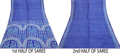 Vintage Blue Pure Silk Saree Indian Printed Floral Silk Fabric 5 Yard Soft Sewing Material for Dressmaking, Quilting & Crafts
