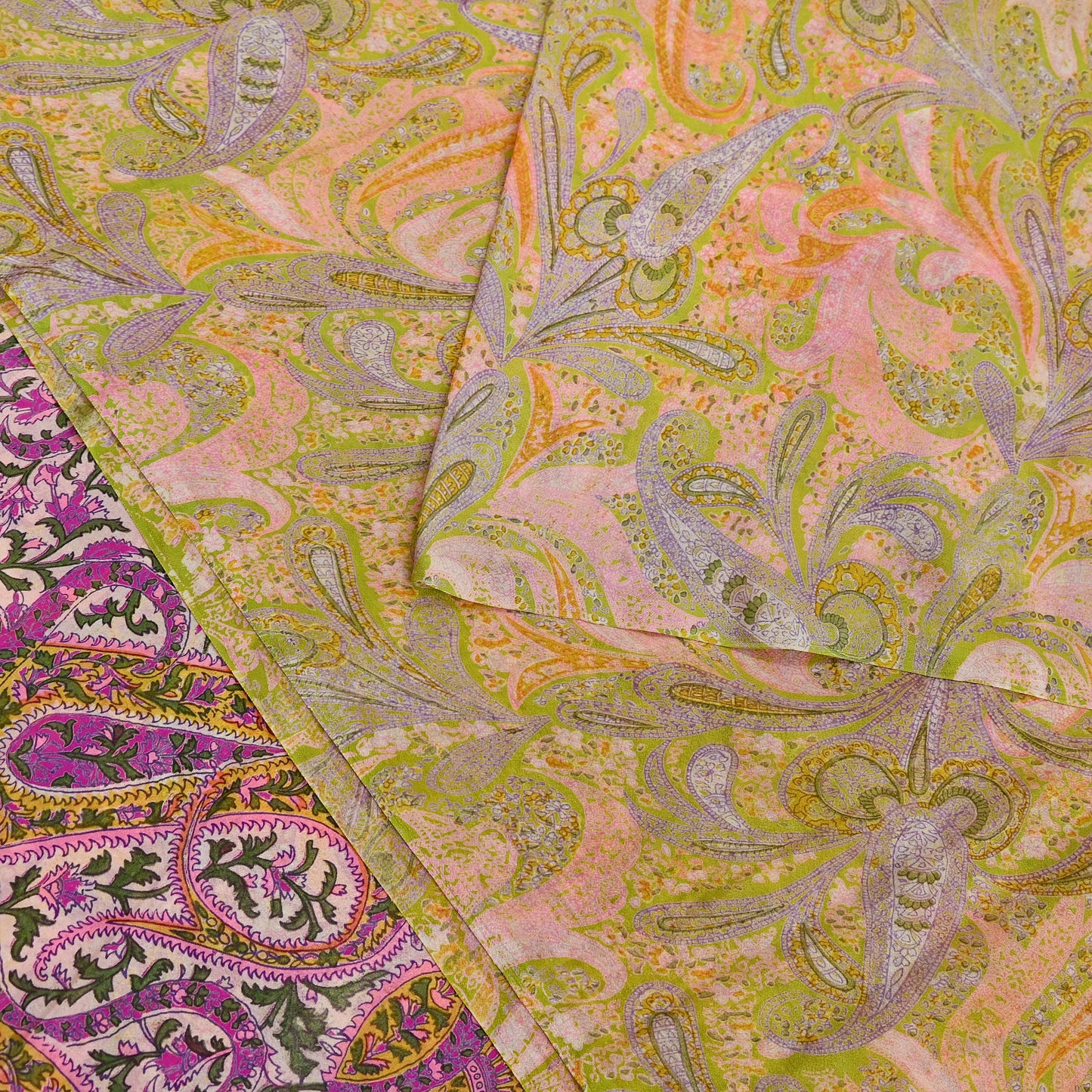 Vintage Pink Green Printed Saree Indian Artificial Silk Fabric 6 Yard Soft Sewing Material for Dressmaking, Quilting & Crafts