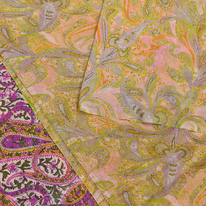 Vintage Pink Green Printed Saree Indian Artificial Silk Fabric 6 Yard Soft Sewing Material for Dressmaking, Quilting & Crafts