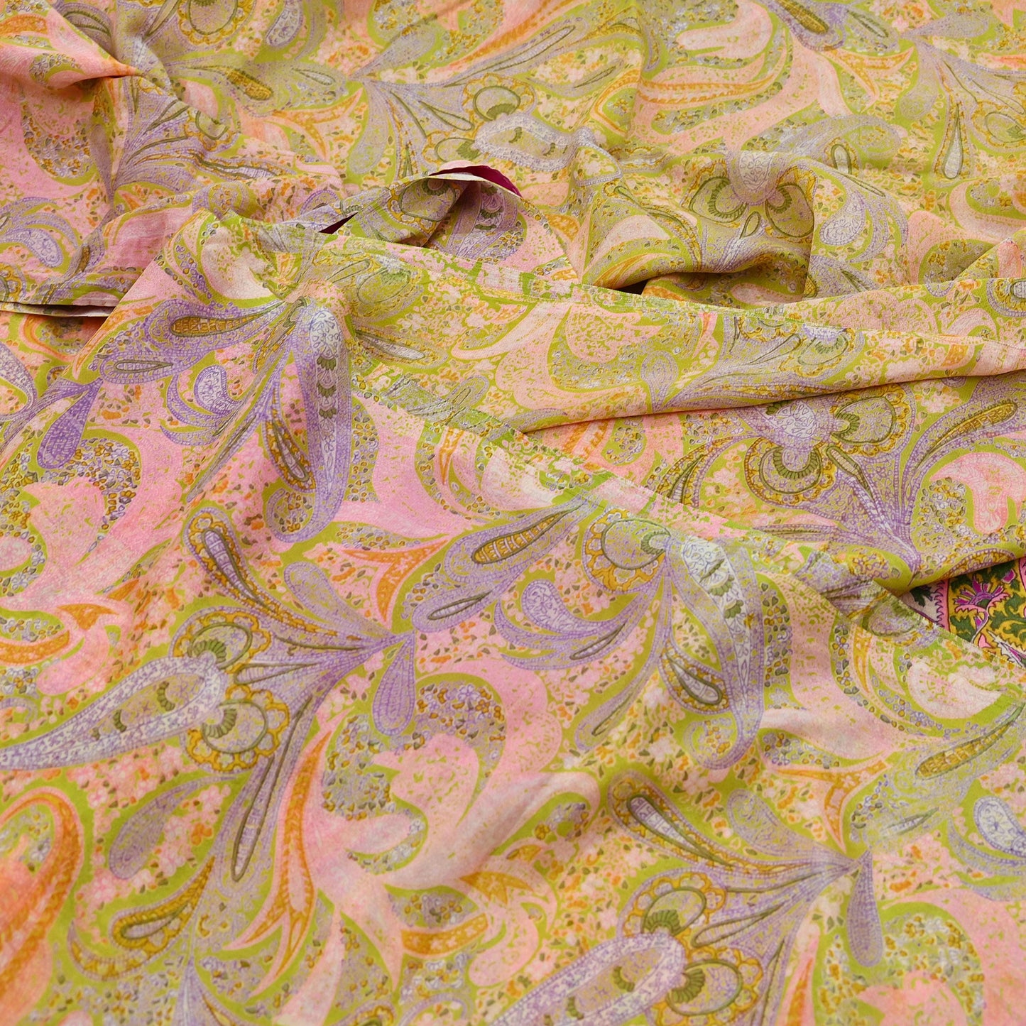 Vintage Pink Green Printed Saree Indian Artificial Silk Fabric 6 Yard Soft Sewing Material for Dressmaking, Quilting & Crafts