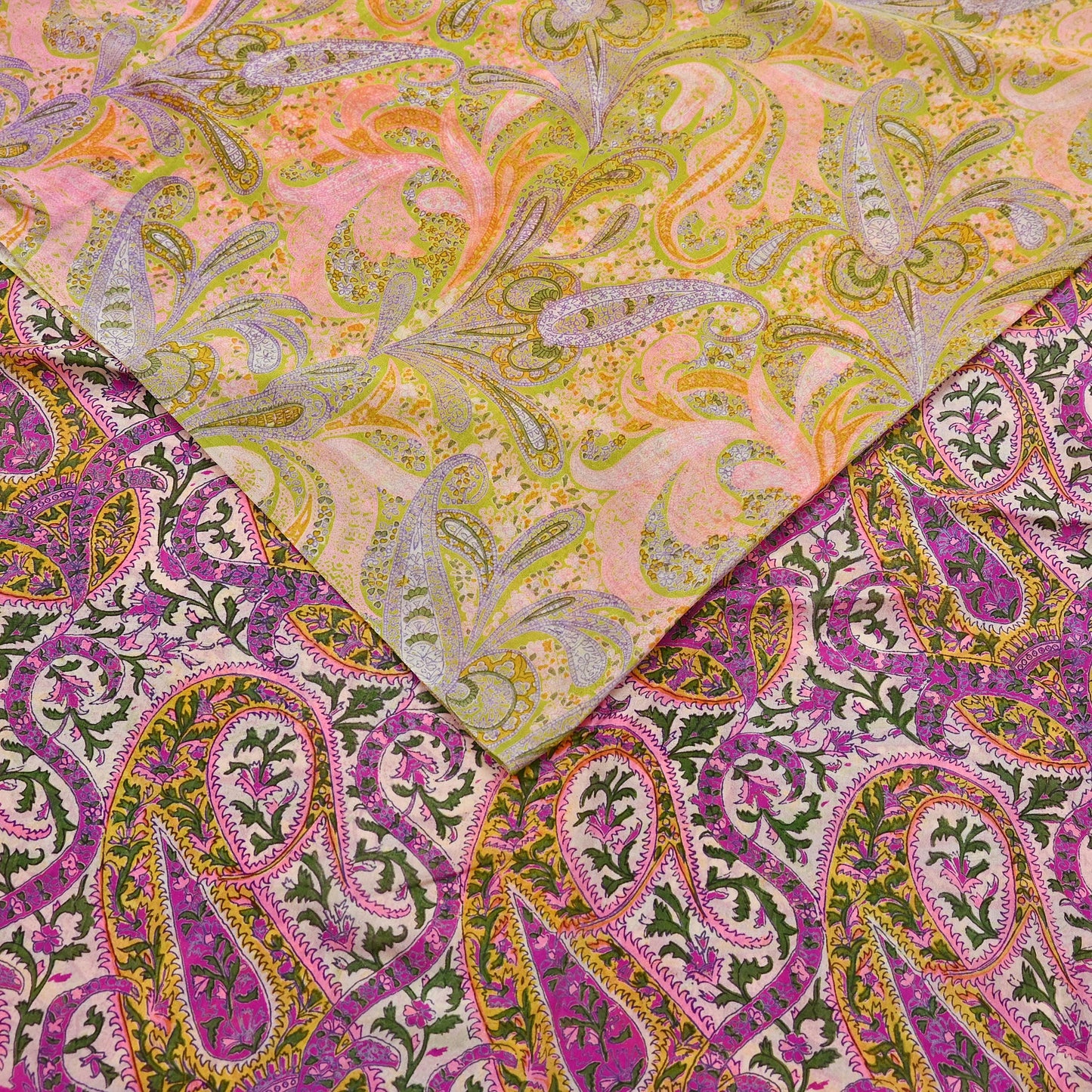 Vintage Pink Green Printed Saree Indian Artificial Silk Fabric 6 Yard Soft Sewing Material for Dressmaking, Quilting & Crafts