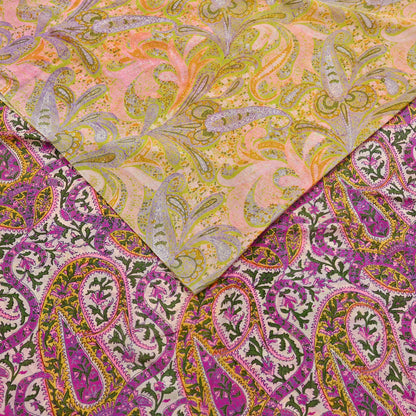 Vintage Pink Green Printed Saree Indian Artificial Silk Fabric 6 Yard Soft Sewing Material for Dressmaking, Quilting & Crafts