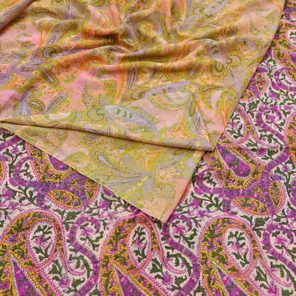 Vintage Pink Green Printed Saree Indian Artificial Silk Fabric 6 Yard Soft Sewing Material for Dressmaking, Quilting & Crafts