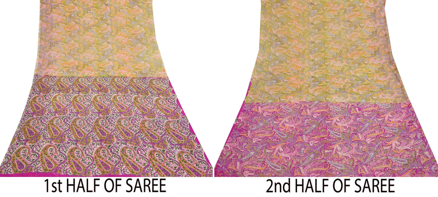 Vintage Pink Green Printed Saree Indian Artificial Silk Fabric 6 Yard Soft Sewing Material for Dressmaking, Quilting & Crafts