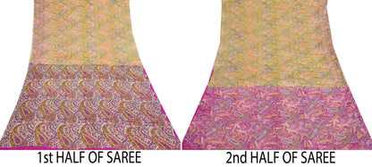 Vintage Pink Green Printed Saree Indian Artificial Silk Fabric 6 Yard Soft Sewing Material for Dressmaking, Quilting & Crafts