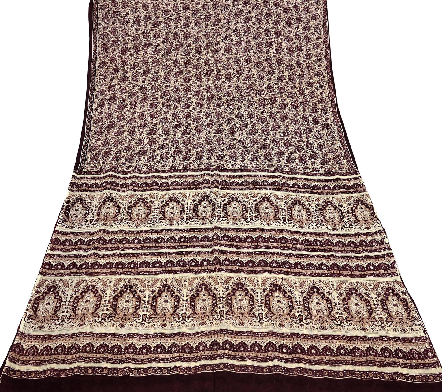 Vintage Brown Beige Pure Silk Saree Indian Paisley Printed Silk Fabric 6 Yard Soft Sewing Material for Dressmaking, Quilting & Crafts