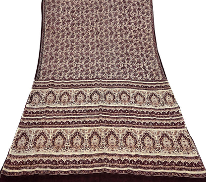 Vintage Brown Beige Pure Silk Saree Indian Paisley Printed Silk Fabric 6 Yard Soft Sewing Material for Dressmaking, Quilting & Crafts