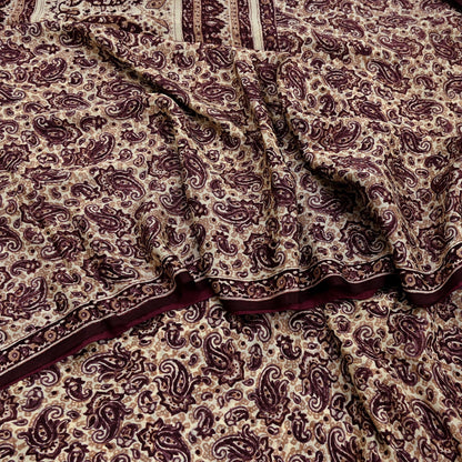 Vintage Brown Beige Pure Silk Saree Indian Paisley Printed Silk Fabric 6 Yard Soft Sewing Material for Dressmaking, Quilting & Crafts