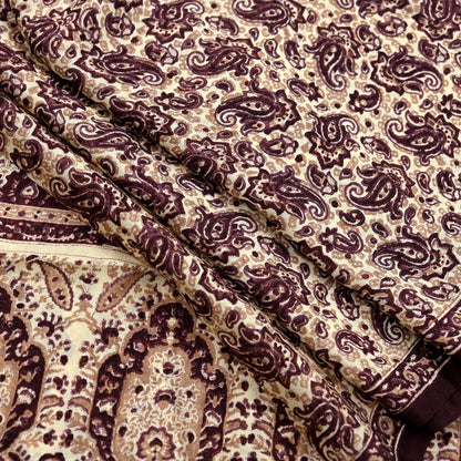 Vintage Brown Beige Pure Silk Saree Indian Paisley Printed Silk Fabric 6 Yard Soft Sewing Material for Dressmaking, Quilting & Crafts