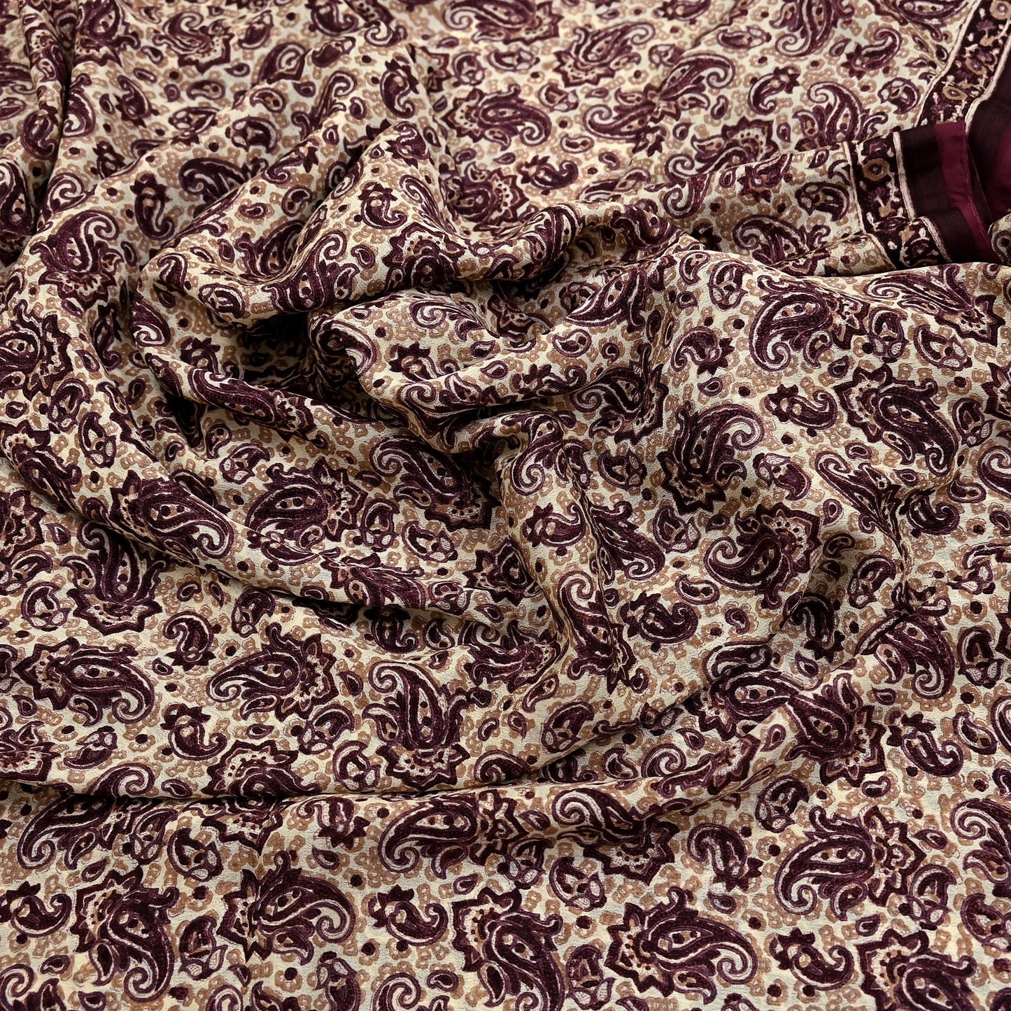 Vintage Brown Beige Pure Silk Saree Indian Paisley Printed Silk Fabric 6 Yard Soft Sewing Material for Dressmaking, Quilting & Crafts