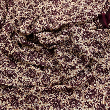 Vintage Brown Beige Pure Silk Saree Indian Paisley Printed Silk Fabric 6 Yard Soft Sewing Material for Dressmaking, Quilting & Crafts