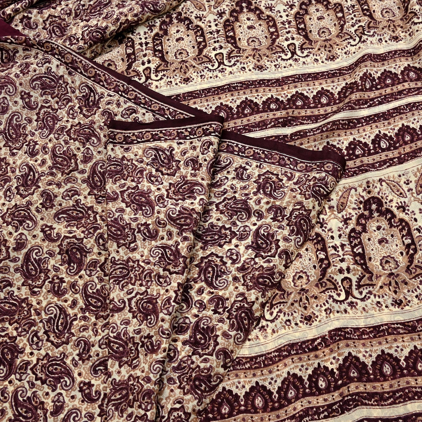 Vintage Brown Beige Pure Silk Saree Indian Paisley Printed Silk Fabric 6 Yard Soft Sewing Material for Dressmaking, Quilting & Crafts