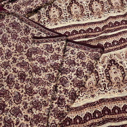 Vintage Brown Beige Pure Silk Saree Indian Paisley Printed Silk Fabric 6 Yard Soft Sewing Material for Dressmaking, Quilting & Crafts