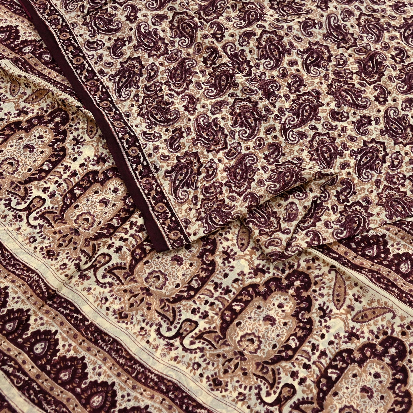 Vintage Brown Beige Pure Silk Saree Indian Paisley Printed Silk Fabric 6 Yard Soft Sewing Material for Dressmaking, Quilting & Crafts
