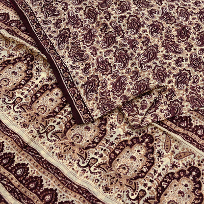 Vintage Brown Beige Pure Silk Saree Indian Paisley Printed Silk Fabric 6 Yard Soft Sewing Material for Dressmaking, Quilting & Crafts