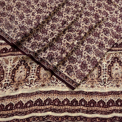 Vintage Brown Beige Pure Silk Saree Indian Paisley Printed Silk Fabric 6 Yard Soft Sewing Material for Dressmaking, Quilting & Crafts