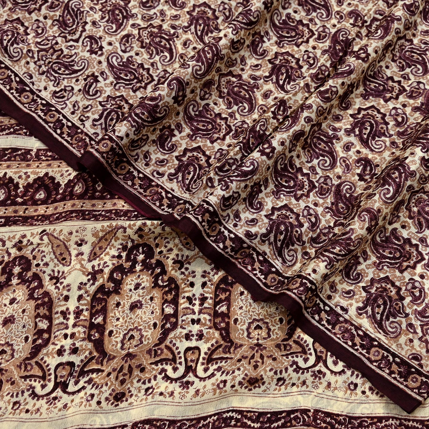 Vintage Brown Beige Pure Silk Saree Indian Paisley Printed Silk Fabric 6 Yard Soft Sewing Material for Dressmaking, Quilting & Crafts