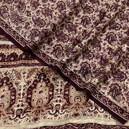 Vintage Brown Beige Pure Silk Saree Indian Paisley Printed Silk Fabric 6 Yard Soft Sewing Material for Dressmaking, Quilting & Crafts