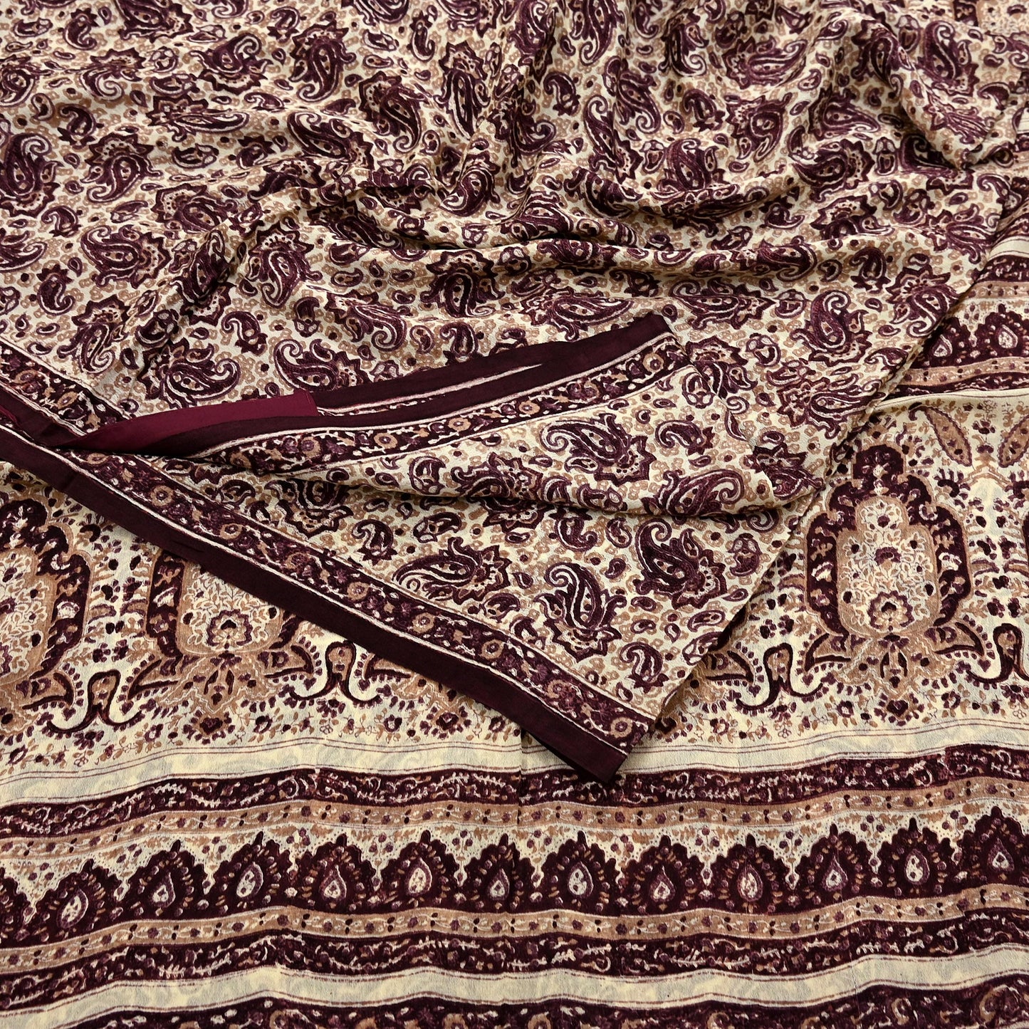 Vintage Brown Beige Pure Silk Saree Indian Paisley Printed Silk Fabric 6 Yard Soft Sewing Material for Dressmaking, Quilting & Crafts