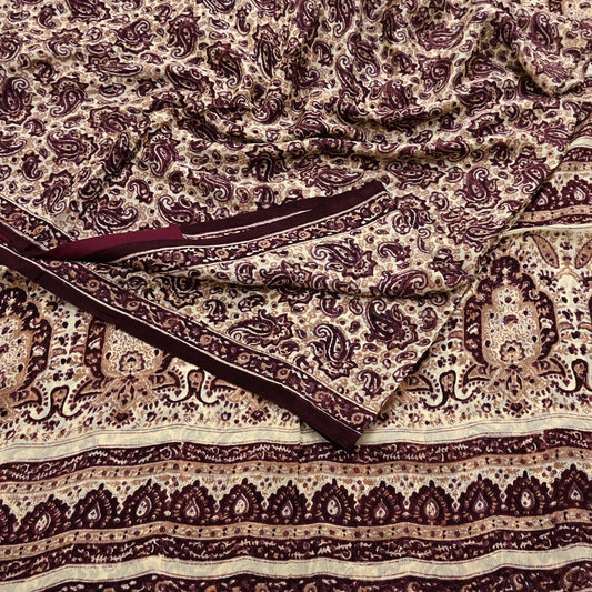 Vintage Brown Beige Pure Silk Saree Indian Paisley Printed Silk Fabric 6 Yard Soft Sewing Material for Dressmaking, Quilting & Crafts