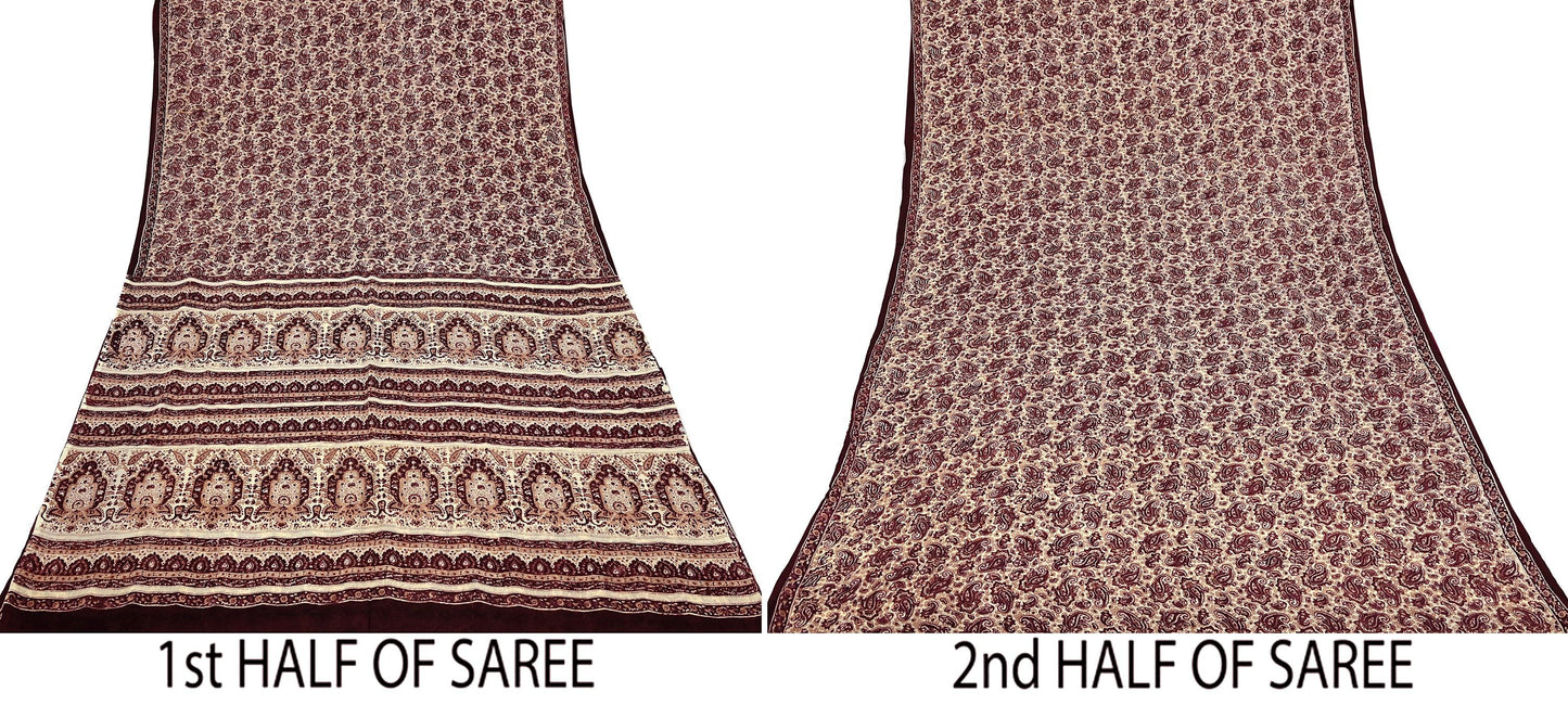 Vintage Brown Beige Pure Silk Saree Indian Paisley Printed Silk Fabric 6 Yard Soft Sewing Material for Dressmaking, Quilting & Crafts