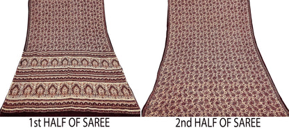 Vintage Brown Beige Pure Silk Saree Indian Paisley Printed Silk Fabric 6 Yard Soft Sewing Material for Dressmaking, Quilting & Crafts