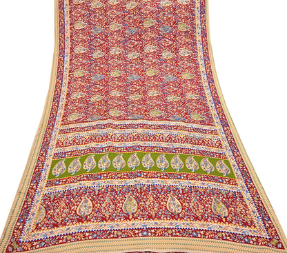 Vintage Red Saree Indian Woolen Woven Floral Fabric 6 Yard Soft Warm Craft Material for Winter Sewing & Dressmaking